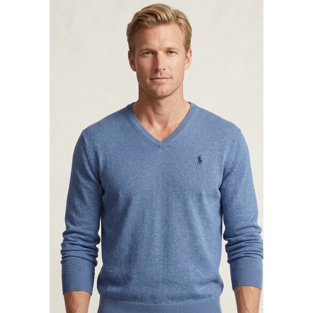 Polo Ralph Lauren Mens Blue Pima Cotton V-Neck Sweater Size L